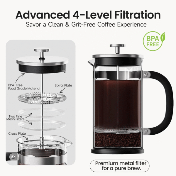 34Oz French Press Cold Brew Coffee Maker, Heat and Cold Resistant Thickened Borosilicate Glass Stainless Steel Press Percolators, Iced Tea Pot Pitcher for Kitchen Travel Camping,1 Liter,Silver