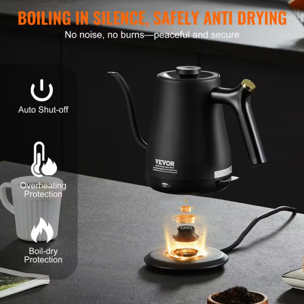 Gooseneck Electric Kettle 1L 1200-Watt 304 Stainless Steel Boiler Heater Boil-Dry Protection, 5.11 In. Black