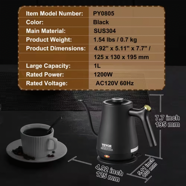 Gooseneck Electric Kettle 1L 1200-Watt 304 Stainless Steel Boiler Heater Boil-Dry Protection, 5.11 In. Black