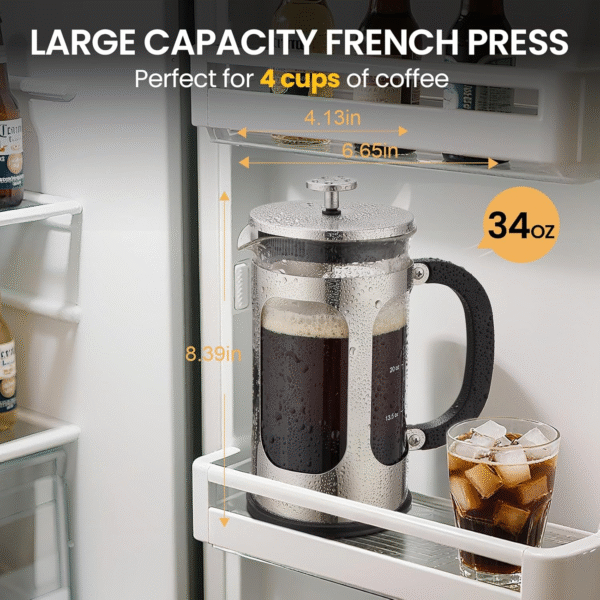 34Oz French Press Cold Brew Coffee Maker, Heat and Cold Resistant Thickened Borosilicate Glass Stainless Steel Press Percolators, Iced Tea Pot Pitcher for Kitchen Travel Camping,1 Liter,Silver