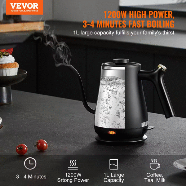 Gooseneck Electric Kettle 1L 1200-Watt 304 Stainless Steel Boiler Heater Boil-Dry Protection, 5.11 In. Black