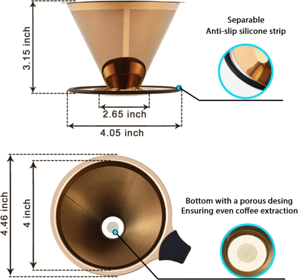 Pour over Coffee Dripper  Stainless Steel Drip Cone Brew Coffee Filter, Reusable Metal Coffee Strainer with Non-Slip Ring&Handle Paperless Pour over Coffee Maker 1-4 Cup(Titanium Copper)