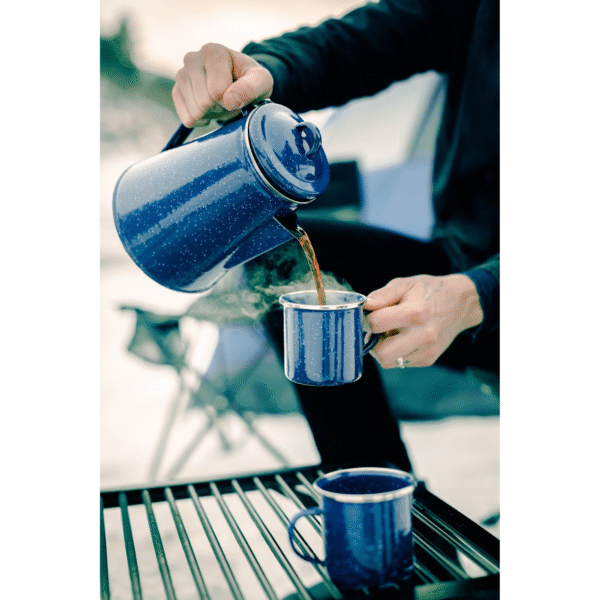 Enamel 8 Cup Coffee Pot with Percolator and 4 12 Ounce Mugs Blue Coffee & Tea Serving Set