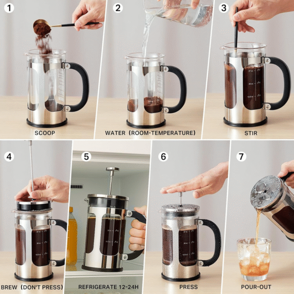 34Oz French Press Cold Brew Coffee Maker, Heat and Cold Resistant Thickened Borosilicate Glass Stainless Steel Press Percolators, Iced Tea Pot Pitcher for Kitchen Travel Camping,1 Liter,Silver