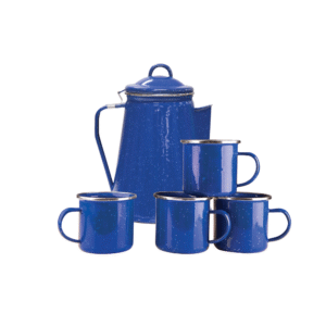 Enamel 8 Cup Coffee Pot with Percolator and 4 12 Ounce Mugs Blue Coffee & Tea Serving Set