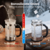 34Oz French Press Cold Brew Coffee Maker, Heat and Cold Resistant Thickened Borosilicate Glass Stainless Steel Press Percolators, Iced Tea Pot Pitcher for Kitchen Travel Camping,1 Liter,Silver