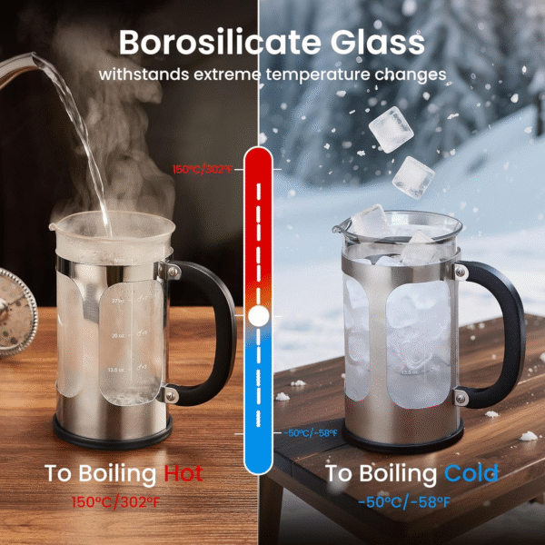 34Oz French Press Cold Brew Coffee Maker, Heat and Cold Resistant Thickened Borosilicate Glass Stainless Steel Press Percolators, Iced Tea Pot Pitcher for Kitchen Travel Camping,1 Liter,Silver