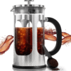34Oz French Press Cold Brew Coffee Maker, Heat and Cold Resistant Thickened Borosilicate Glass Stainless Steel Press Percolators, Iced Tea Pot Pitcher for Kitchen Travel Camping,1 Liter,Silver