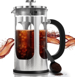 34Oz French Press Cold Brew Coffee Maker, Heat and Cold Resistant Thickened Borosilicate Glass Stainless Steel Press Percolators, Iced Tea Pot Pitcher for Kitchen Travel Camping,1 Liter,Silver