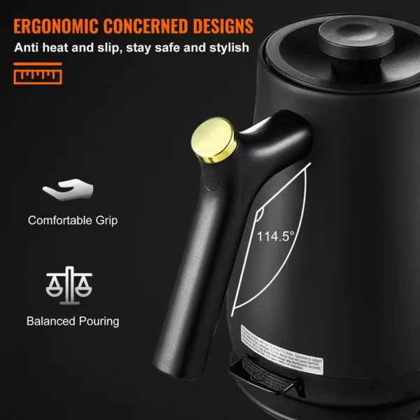 Gooseneck Electric Kettle 1L 1200-Watt 304 Stainless Steel Boiler Heater Boil-Dry Protection, 5.11 In. Black
