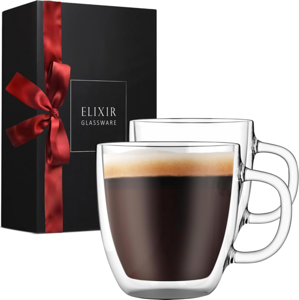 Elixir 16 Oz Large Double Wall Coffee Mug Set of 2 - Double Wall Glass Coffee Cup - Large Coffee Mug - Insulated Glass Coffee Mugs with Handle for Hot Drinks Tea