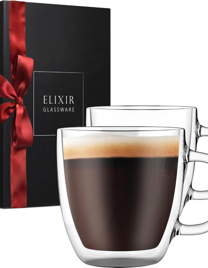 Elixir 16 Oz Large Double Wall Coffee Mug Set of 2 – Double Wall Glass Coffee Cup – Large Coffee Mug – Insulated Glass Coffee Mugs with Handle for Hot Drinks Tea